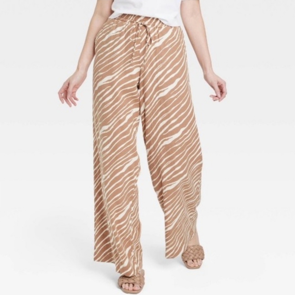 A New Day XS Wide Leg Linen Pants Brown Zebra Print Pull On 1691-AF
